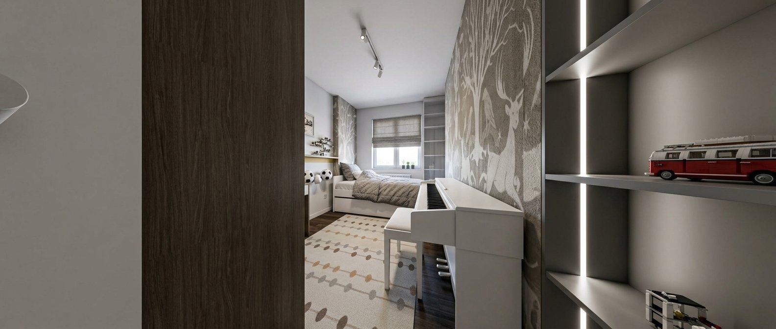 Moderni apartman — dečija soba sa klavirom i tapetom sa motivom šume