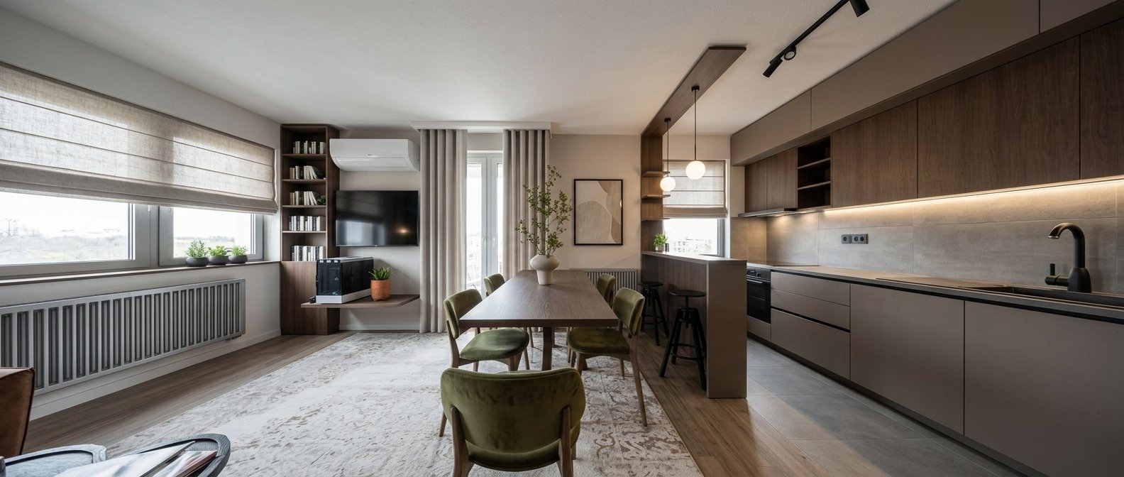 Moderni apartman — otvorena kuhinja i trpezarija