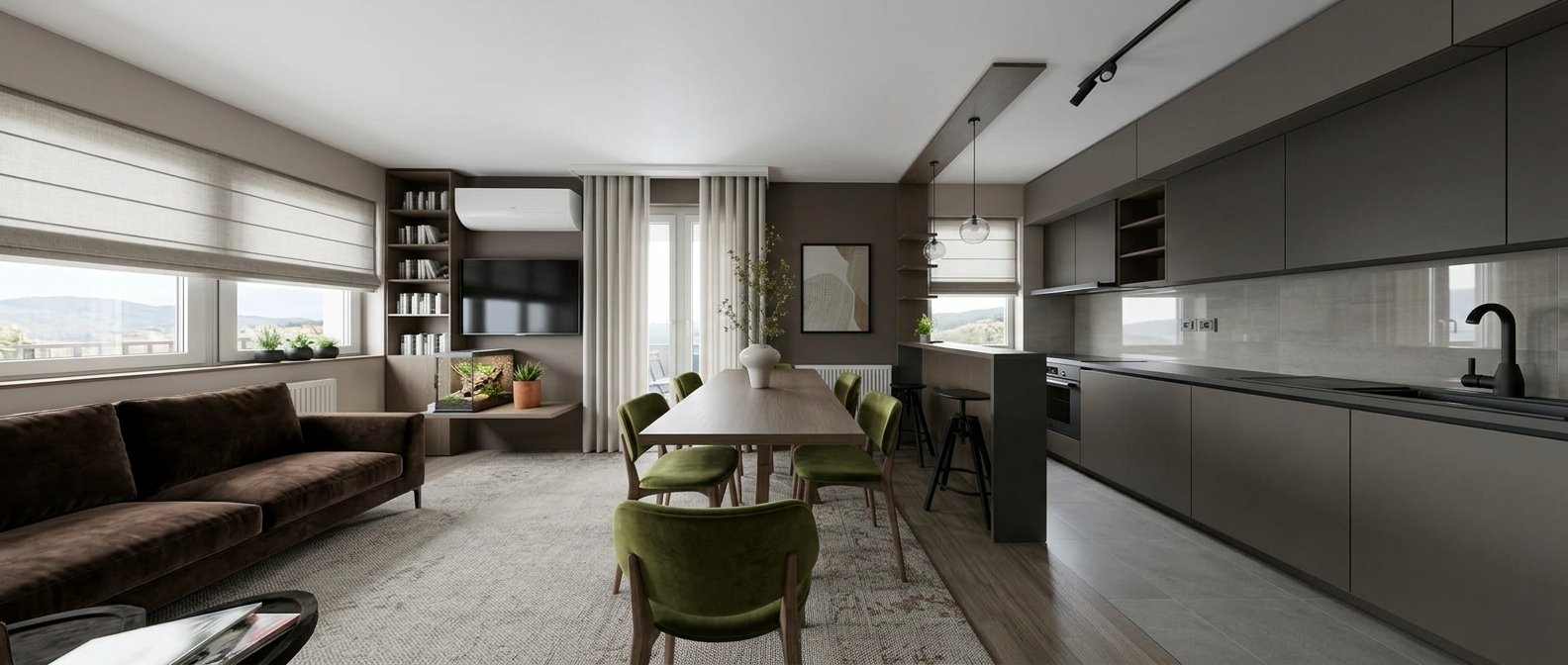 Moderni apartman — dnevna zona sa kuhinjom i trpezarijom